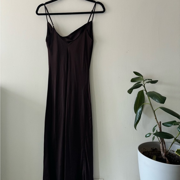 NWT ZARA SLIP DRESS satin brown chocolate 🍫 cowl neck MIDI XS 0 2 4 silky Y2K - Picture 4 of 8